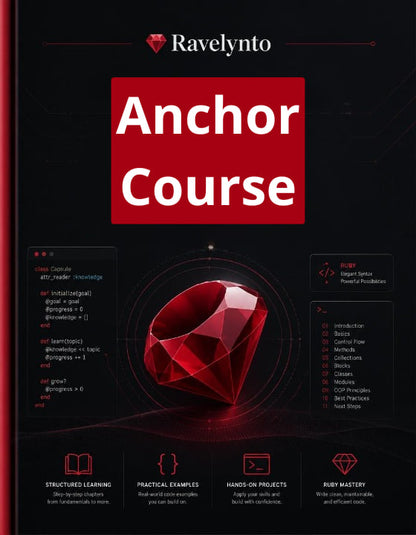 Promotional graphic for the Ravelynto Ruby 'Anchor Course' featuring a large red gemstone on a dark background with course details and Ruby syntax examples.