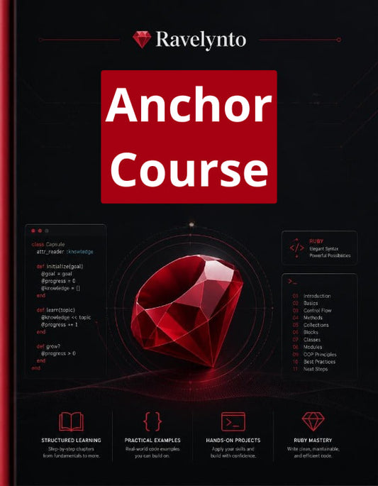 Promotional graphic for the Ravelynto Ruby 'Anchor Course' featuring a large red gemstone on a dark background with course details and Ruby syntax examples.