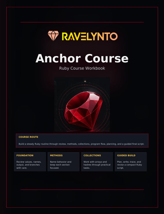 A digital cover for a Ruby course workbook titled 'Anchor Course' by RAVELYNTO, featuring a black background, white and orange text, and a large red faceted gem graphic in the center.