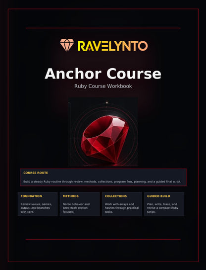 A digital cover for a Ruby course workbook titled 'Anchor Course' by RAVELYNTO, featuring a black background, white and orange text, and a large red faceted gem graphic in the center.