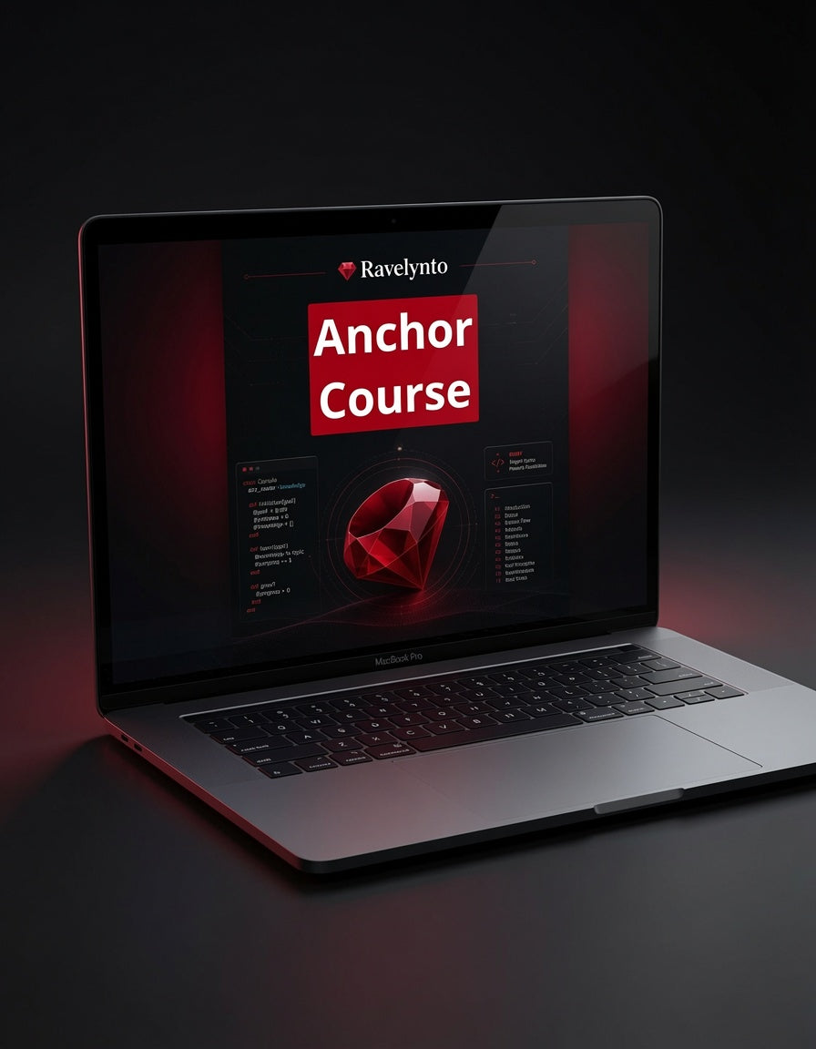 An open silver laptop on a dark surface, displaying a course screen with the text 'Ravelynto Anchor Course' and a red gem graphic.