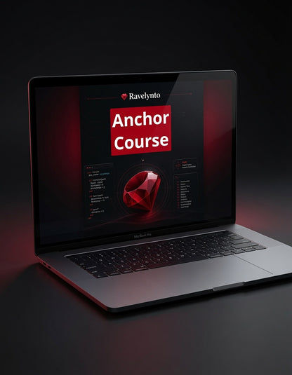 An open silver laptop on a dark surface, displaying a course screen with the text 'Ravelynto Anchor Course' and a red gem graphic.