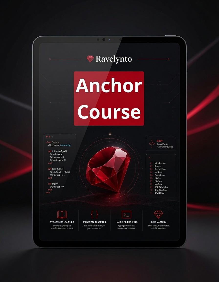 A tablet device displaying a course interface titled 'Ravelynto Anchor Course' with a large red gem graphic and course modules on screen, set against a dark background with red light streaks.