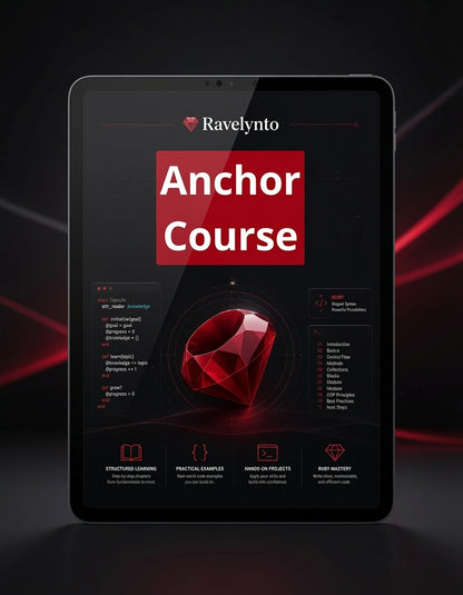 A tablet device displaying a course interface titled 'Ravelynto Anchor Course' with a large red gem graphic and course modules on screen, set against a dark background with red light streaks.