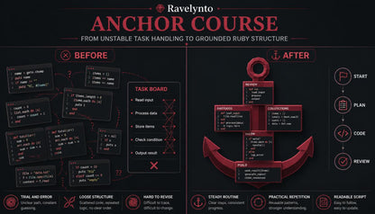 An infographic-style cover for a Ruby programming course titled 'ANCHOR COURSE' by Ravelyno, shown on a dark background. The design uses red and white typography with a large red anchor graphic and before/after sections showing structured coding practices and task board concepts.