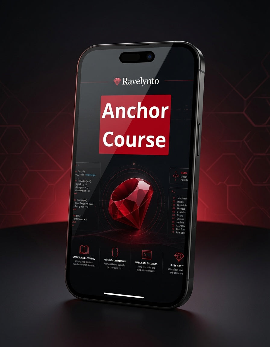 A smartphone shown upright on a dark surface with a black background and red ambient lighting. The screen displays the Ravelynto 'Anchor Course' interface with a large red gem graphic and course text.