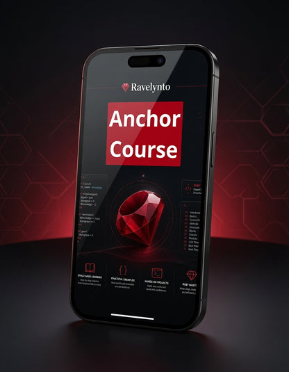 A smartphone shown upright on a dark surface with a black background and red ambient lighting. The screen displays the Ravelynto 'Anchor Course' interface with a large red gem graphic and course text.