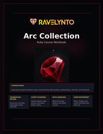A dark promotional graphic for the Ravelynto Arc Collection Ruby course workbook. The design has a black background with red and gold accents, featuring a large red gem icon in the center and four course route boxes at the bottom detailing foundation review, script planning, data handling, and code refinement.