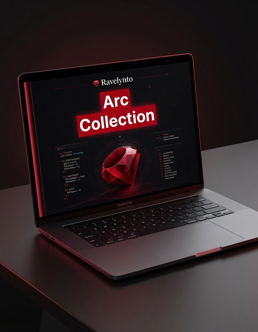 A dark gray and black laptop on a dark surface, displaying a screen with the text 'Ravelynto Arc Collection' and a red gem graphic.