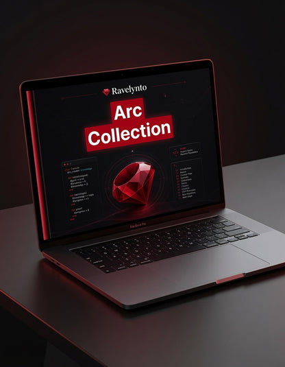 A dark gray and black laptop on a dark surface, displaying a screen with the text 'Ravelynto Arc Collection' and a red gem graphic.