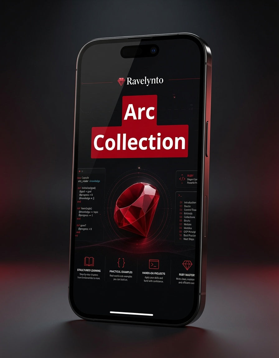 A black smartphone shown upright on a dark studio background, displaying a promotional interface for 'Ravelynto Arc Collection' with a large red gem graphic and red text on the screen.