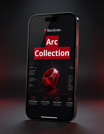 A black smartphone shown upright on a dark studio background, displaying a promotional interface for 'Ravelynto Arc Collection' with a large red gem graphic and red text on the screen.