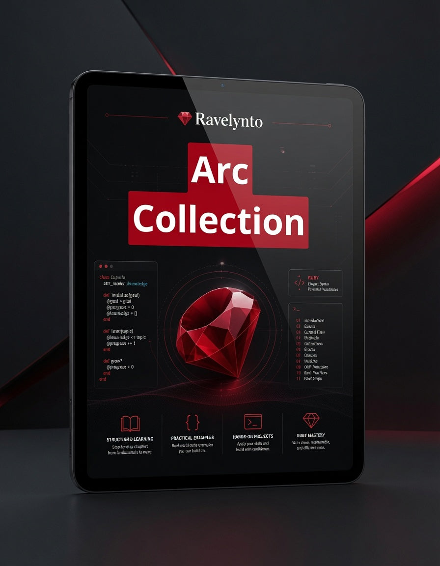 A tablet device displaying a digital course or app interface titled 'Ravelynto Arc Collection' with a large red gem graphic on the screen, set against a dark studio background with red lighting accents.