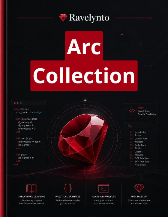 A promotional graphic for 'Ravelynto Arc Collection' featuring a large red gemstone icon in the center, bold white text on a red block, and multiple code snippets and feature callouts on a dark background.