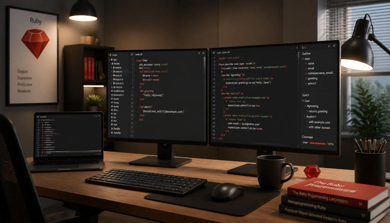 A modern home office desk setup featuring a dual-monitor coding setup with dark code screens, a laptop, a keyboard, a mouse, a mug, and books on a wooden desk, illuminated by warm desk lamps.