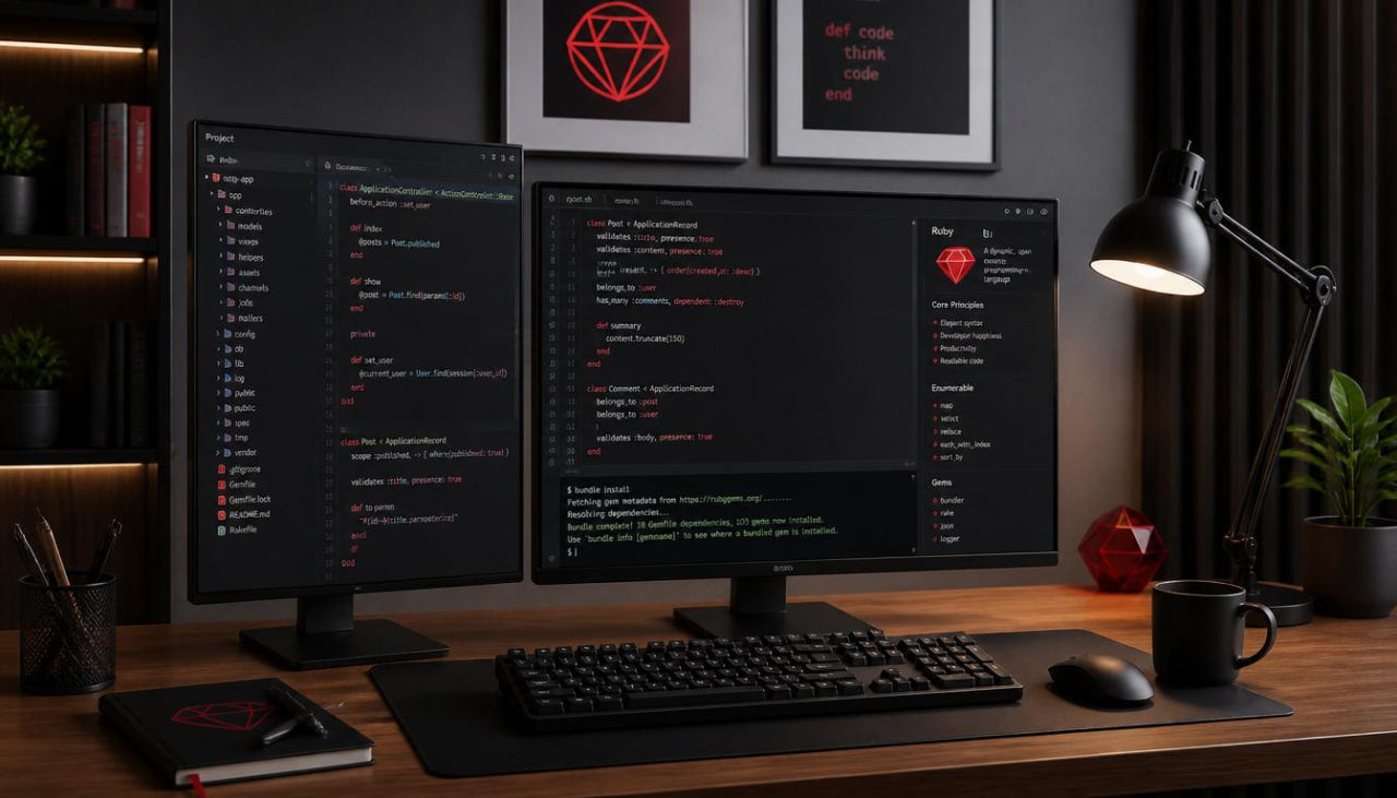 A modern home office desk setup featuring a triple-monitor desktop computer with dark code interfaces displayed on the screens, a black keyboard, mouse, and desk mat, a black desk lamp, and framed art on a dark wall.