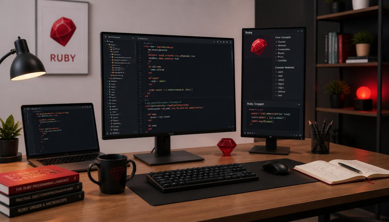 A modern home office desk setup featuring three computer monitors displaying Ruby programming interfaces, a keyboard, mouse, and notebook on a wooden desk, with a framed Ruby logo on the wall.