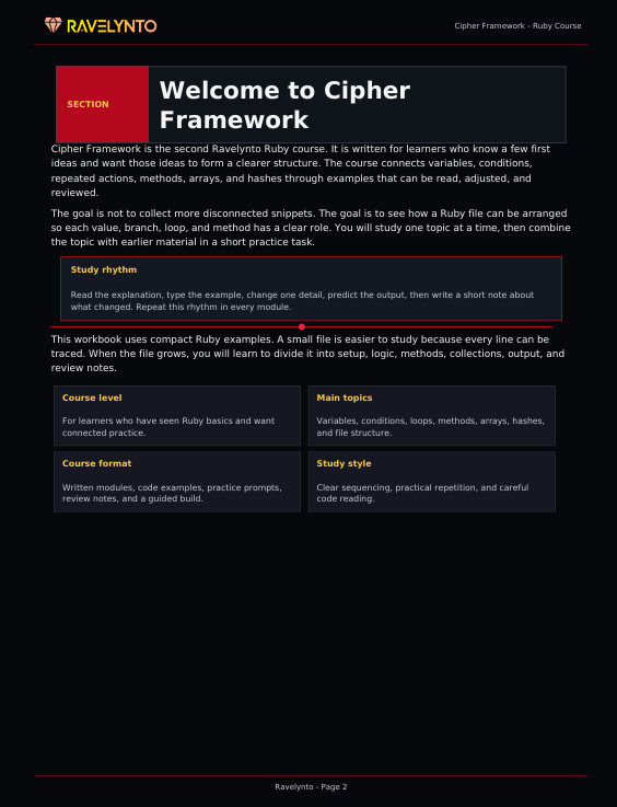 A digital screenshot of a course page titled 'Welcome to Cipher Framework' from Ravelynto, showing course description text, a study rhythm section, and course details on a dark background.