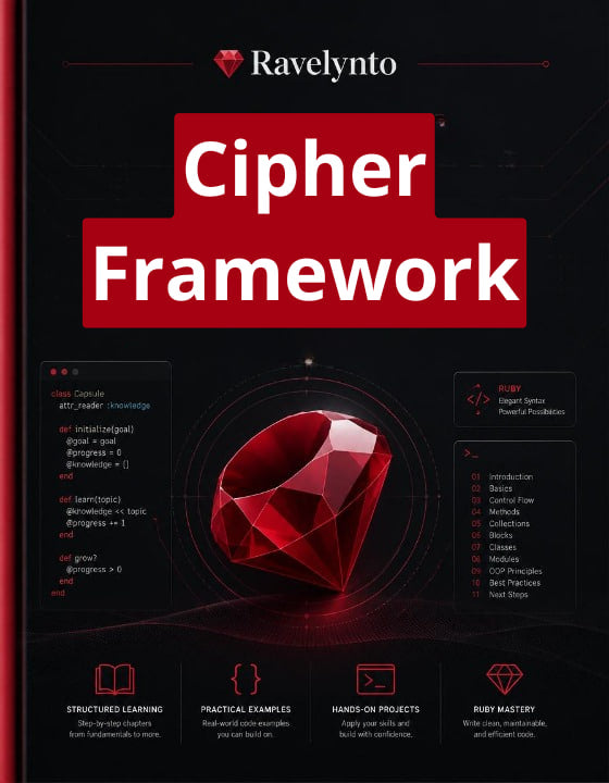 Book cover for 'Cipher Framework' by Ravelynto, featuring a dark black background with a large red title block and a red gem graphic in the center.