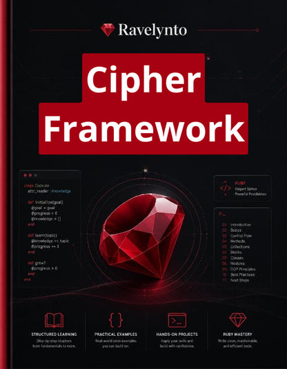 Book cover for 'Cipher Framework' by Ravelynto, featuring a dark black background with a large red title block and a red gem graphic in the center.