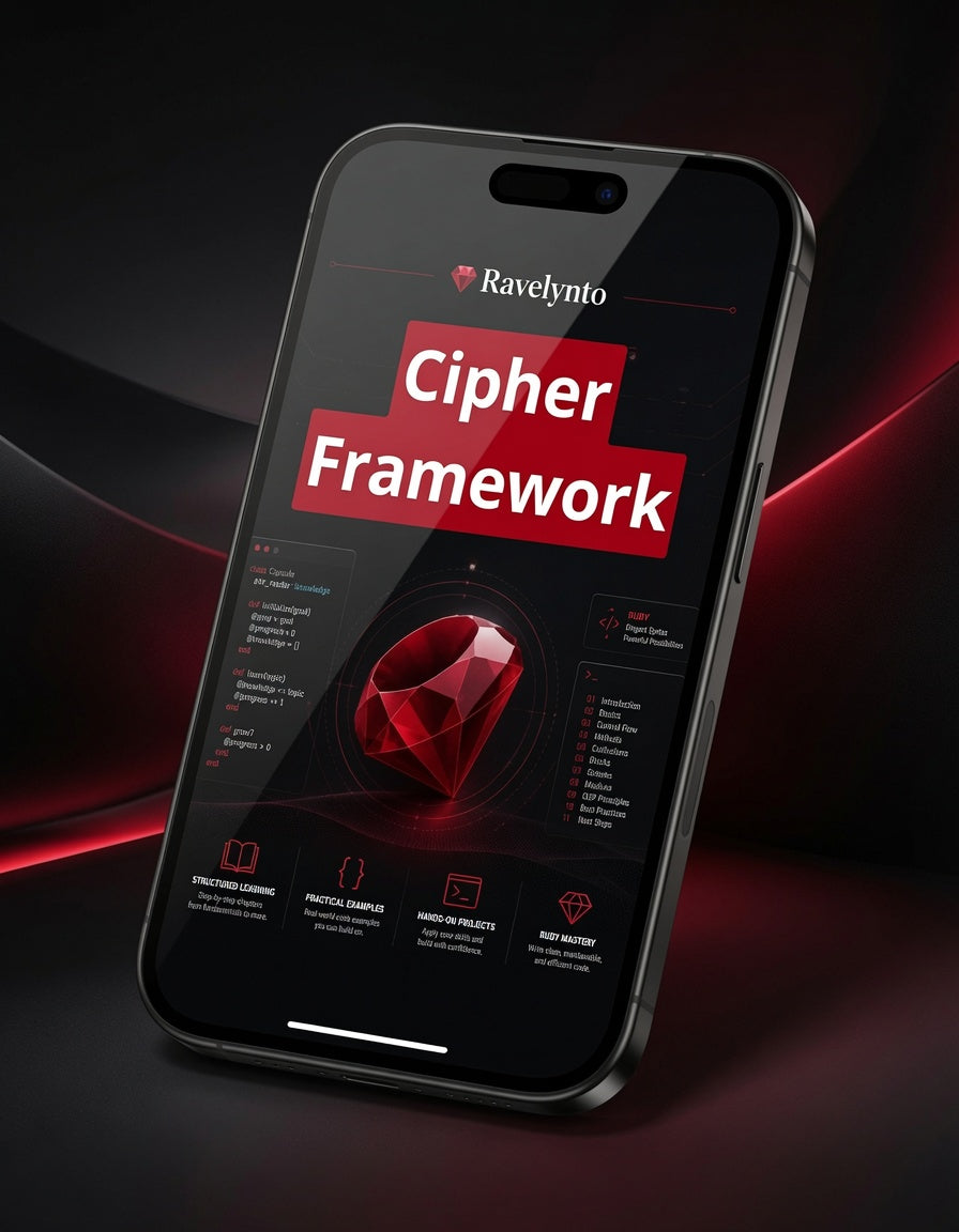 A smartphone shown at an angle on a dark red and black background, displaying a digital interface with the text 'Ravelynto Cipher Framework' and a large red gem graphic on the screen.