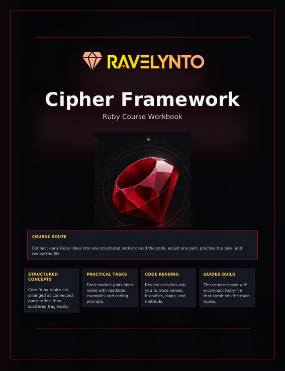 A dark promotional graphic for the Ravelynto Cipher Framework Ruby course workbook. The design has a black background with a red glowing gem icon in the center, the Ravelynto brand name at the top, and course route details laid out in boxes at the bottom.