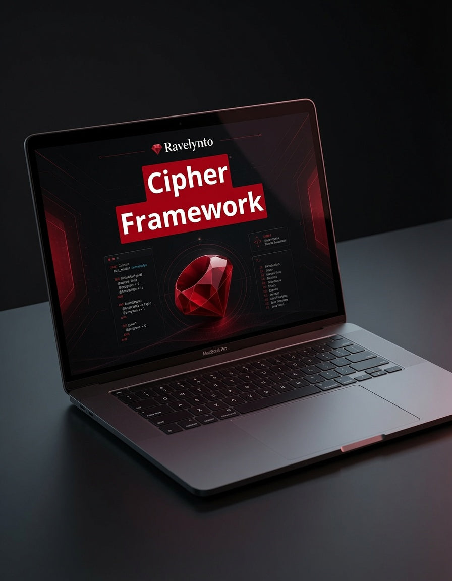 A dark gray laptop on a black surface with a black background, displaying a screen graphic for 'Ravelynio Cipher Framework' in red and white text with a red gem icon.