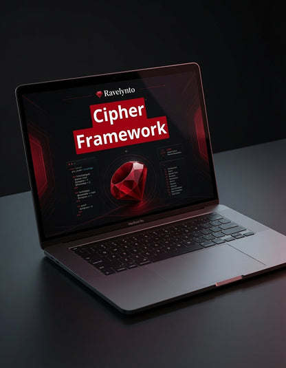 A dark gray laptop on a black surface with a black background, displaying a screen graphic for 'Ravelynio Cipher Framework' in red and white text with a red gem icon.