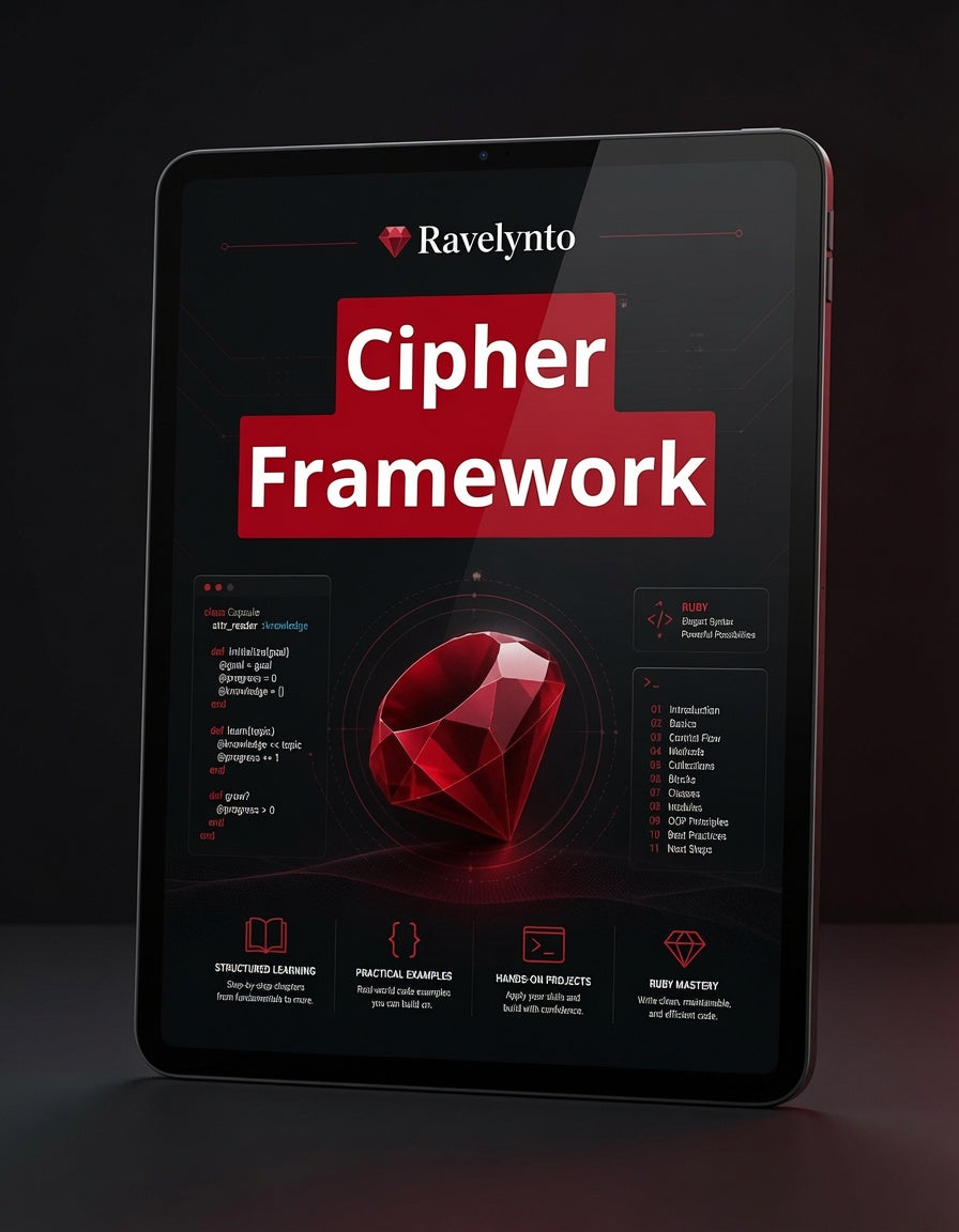 A tablet device displaying a dark-themed digital cover titled 'Ravelynto Cipher Framework' with a large red gem graphic and text panels, shown against a dark studio background.