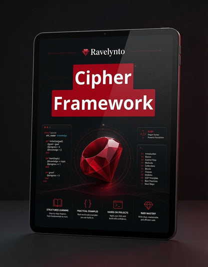 A tablet device displaying a dark-themed digital cover titled 'Ravelynto Cipher Framework' with a large red gem graphic and text panels, shown against a dark studio background.