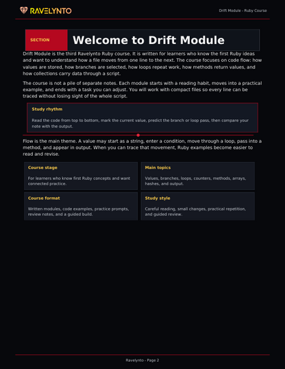 A digital screenshot of a course page titled 'Welcome to Drift Module' from Ravelynto, showing course description text, a red navigation header, and several highlighted learning boxes on a black background.