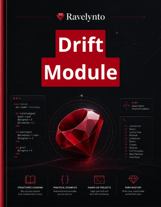 Promotional graphic for the Ravelynto Drift Module, featuring a dark background with a large red gem illustration, white title text, and feature icons for structured learning, practical examples, hands-on projects, and Ruby mastery.