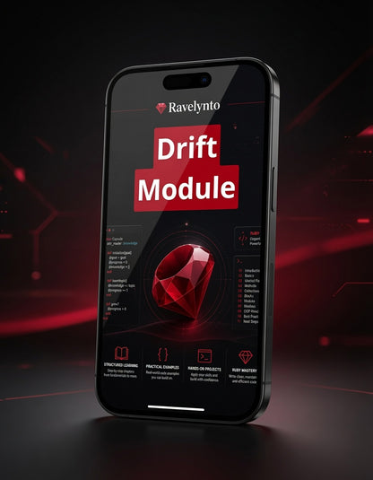 A black smartphone mockup displaying a dark-themed software interface titled 'Ravelynto Drift Module' with a large red gem graphic and red text, set against a dark background with red light streaks.