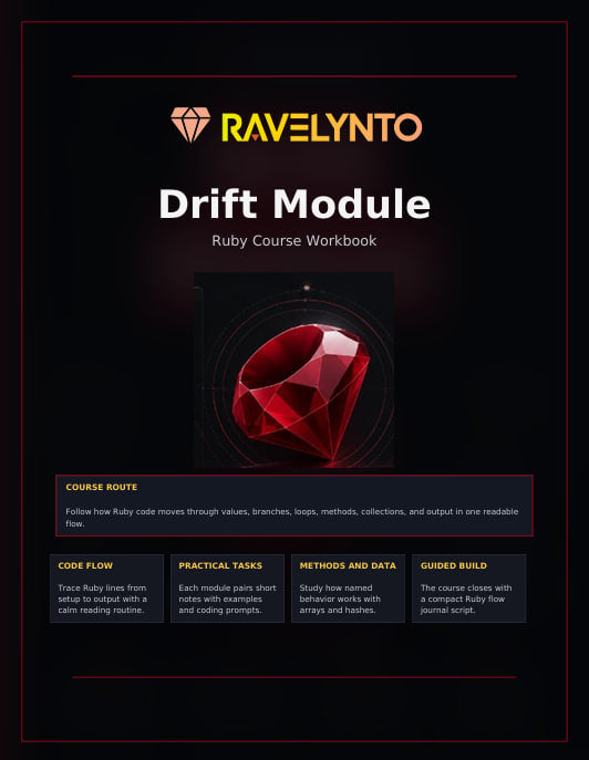 A promotional graphic for the 'Drift Module' course workbook by RAVELYNTO. The design features a dark black background with a glowing red gemstone in the center, the brand name 'RAVELYNTO' in orange and white at the top, and course route details in dark gray boxes at the bottom.