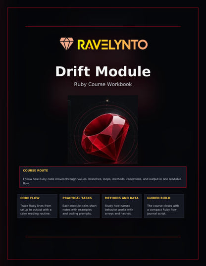 A promotional graphic for the 'Drift Module' course workbook by RAVELYNTO. The design features a dark black background with a glowing red gemstone in the center, the brand name 'RAVELYNTO' in orange and white at the top, and course route details in dark gray boxes at the bottom.