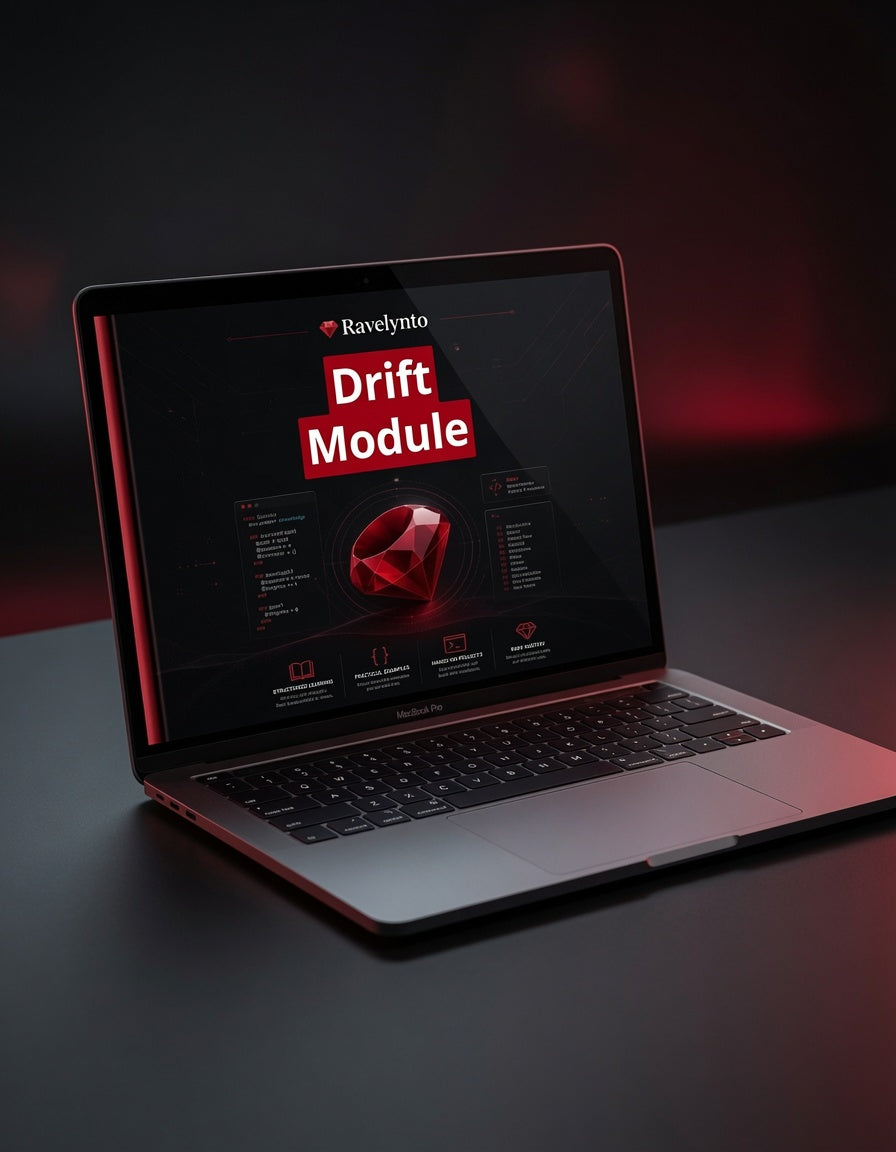 An open silver laptop on a dark surface with red ambient lighting, displaying a screen graphic that reads 'Ravelryto Drift Module' in white and red text.
