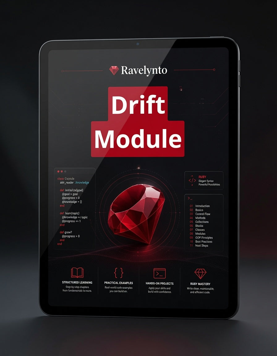A tablet device displaying a dark-themed software interface titled 'Ravelynto Drift Module' with a large red gem graphic and text blocks, shown against a dark studio background.