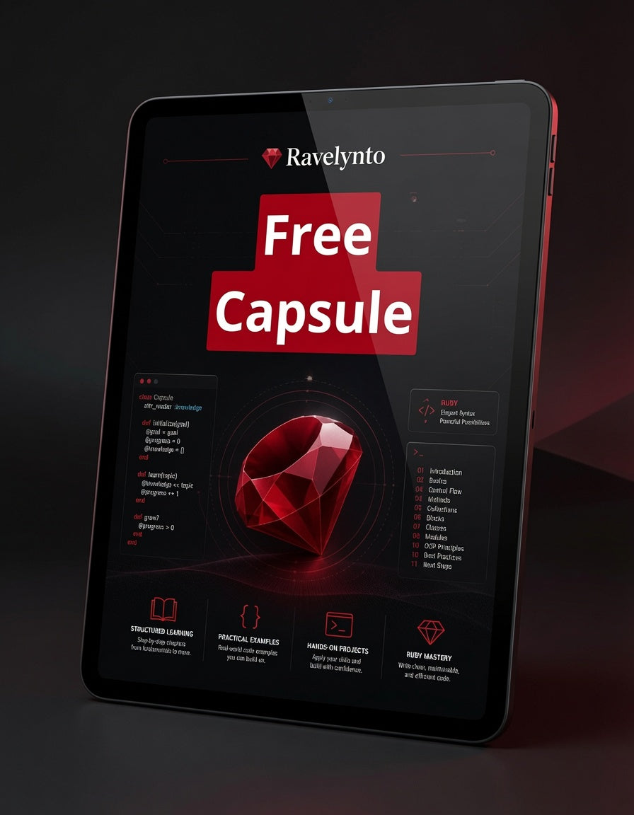 A tablet device shown at an angle on a dark background, displaying a promotional screen with the text 'Ravelyto Free Capsule' and a large red gem graphic.