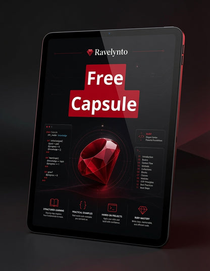 A tablet device shown at an angle on a dark background, displaying a promotional screen with the text 'Ravelyto Free Capsule' and a large red gem graphic.