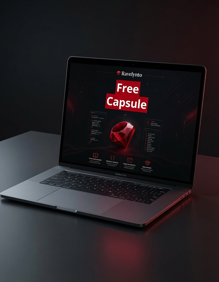 An open silver laptop on a dark surface displaying a promotional screen with the text 'Ravelynto Free Capsule' and a red gem graphic.