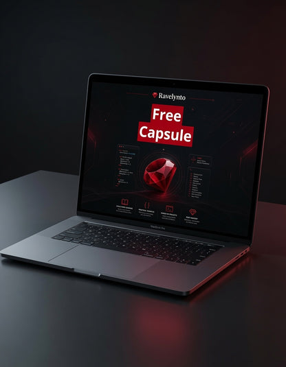 An open silver laptop on a dark surface displaying a promotional screen with the text 'Ravelynto Free Capsule' and a red gem graphic.