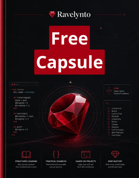 Promotional graphic for a Ruby on Rails course titled 'Free Capsule' by Ravelynto, featuring a large red gemstone icon on a dark background with course highlights and feature icons.