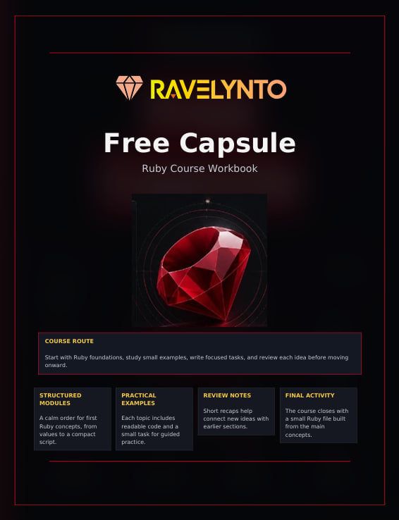 Promotional graphic for the 'Free Capsule' Ruby course workbook by Ravelynto, featuring a large red faceted gemstone on a black background with white and orange text.