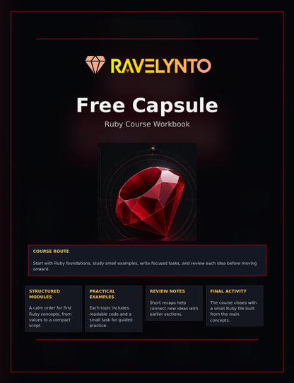 Promotional graphic for the 'Free Capsule' Ruby course workbook by Ravelynto, featuring a large red faceted gemstone on a black background with white and orange text.