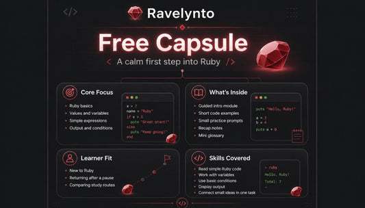 Promotional graphic for a Ruby programming course titled 'Free Capsule' by Ravelynto, displayed on a dark background with red gemstone icons and four informational panels.