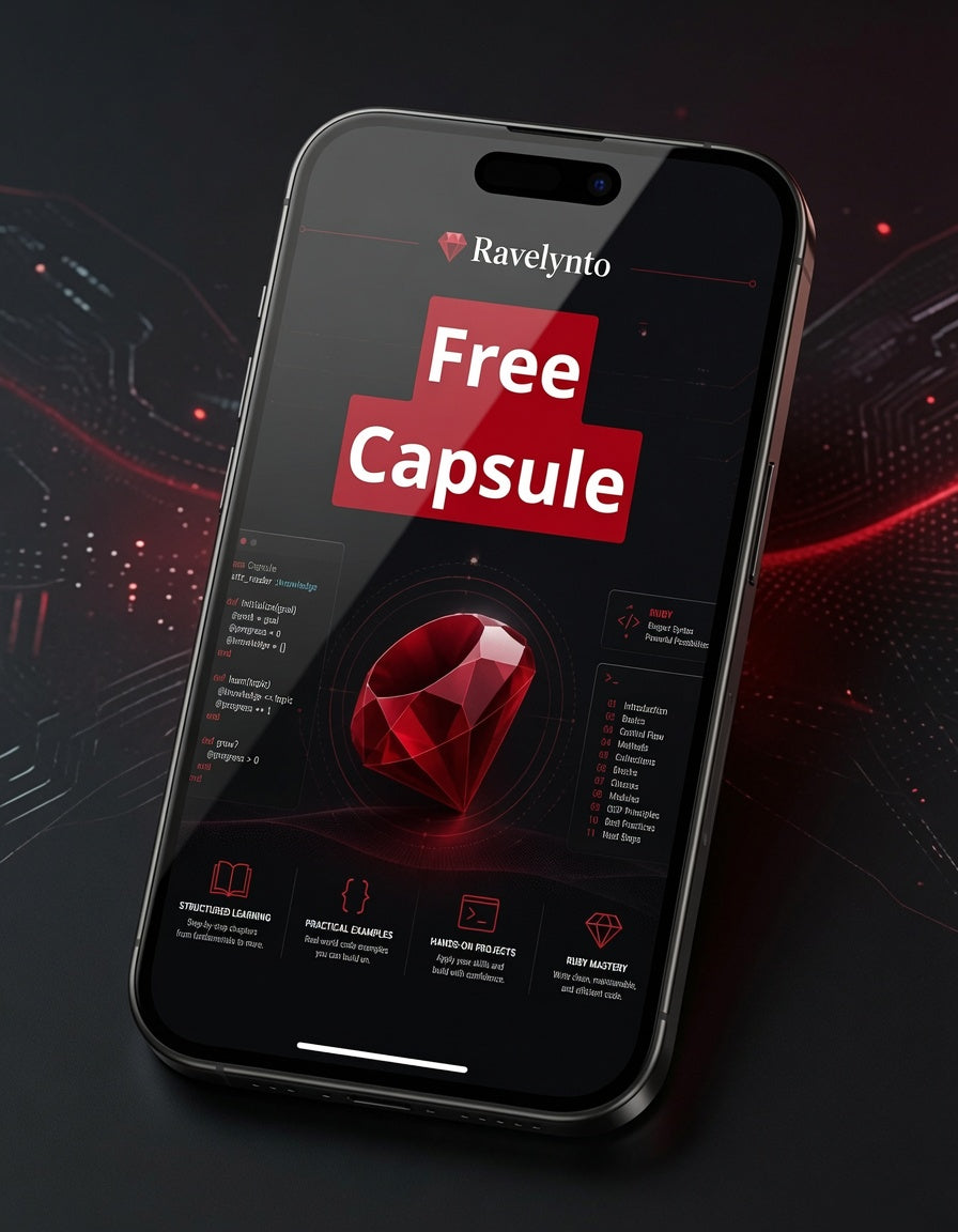 A smartphone shown at an angle on a dark, futuristic background. The screen displays a promotional interface for 'Ravelynto Free Capsule' featuring a large red gem graphic and red-and-black informational panels.