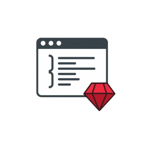 A minimalist vector icon depicting a web browser window with a red diamond gemstone overlay, set against a solid white background.