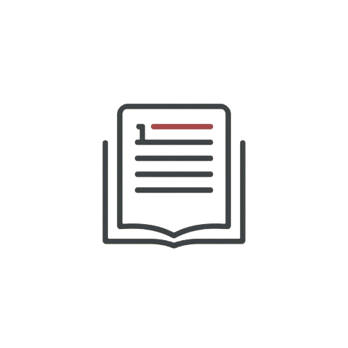 A minimalist vector icon of an open book with placeholder text and a red horizontal line, centered on a solid white background.