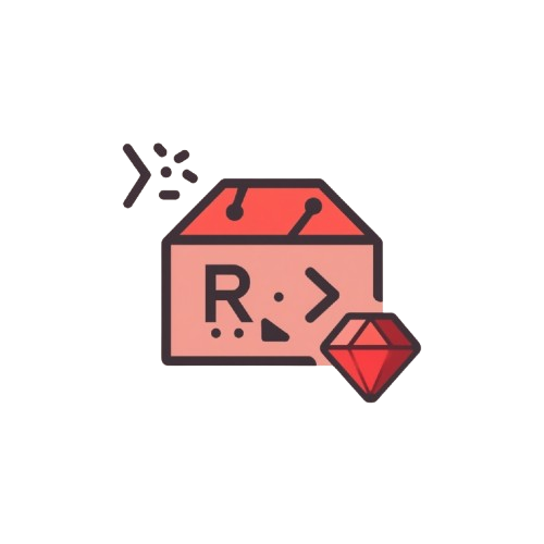 A minimalist vector icon depicting a pinkish-red box with a broken 'R' symbol and a red diamond, on a solid white background.