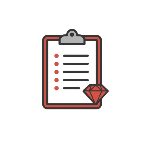 A minimalist vector icon of a clipboard with a checklist and a red diamond, isolated on a white background.